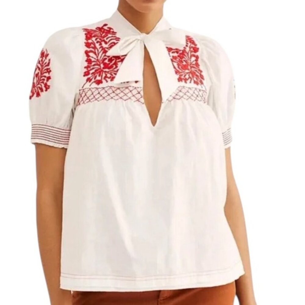 Free People | White & Red Embroidery Blouse Top Size XS